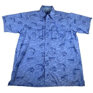 LL Bean Men's Short Sleeve‎ Button Up Shirt Trout Print Blue Size L